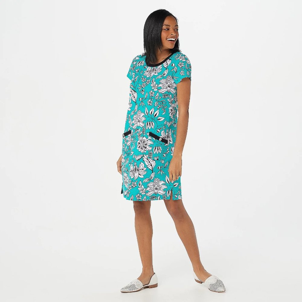 Women's Printed French Terry Dress w/ Rib Trim - Turquoise